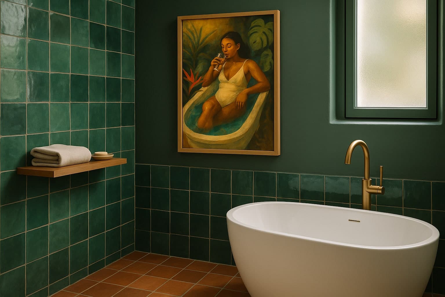 Bathroom interior with framed art
