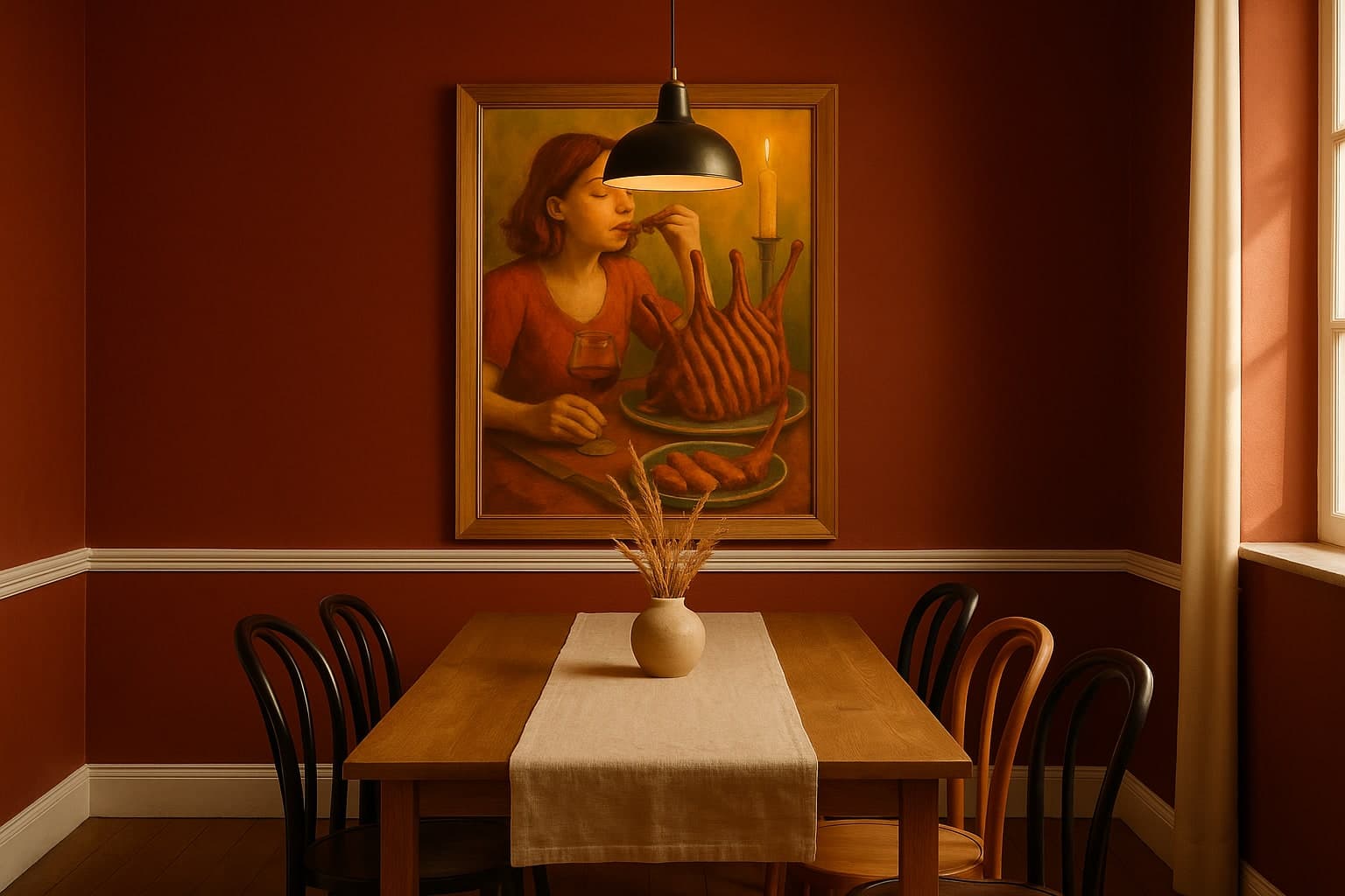 Dining room interior with framed art